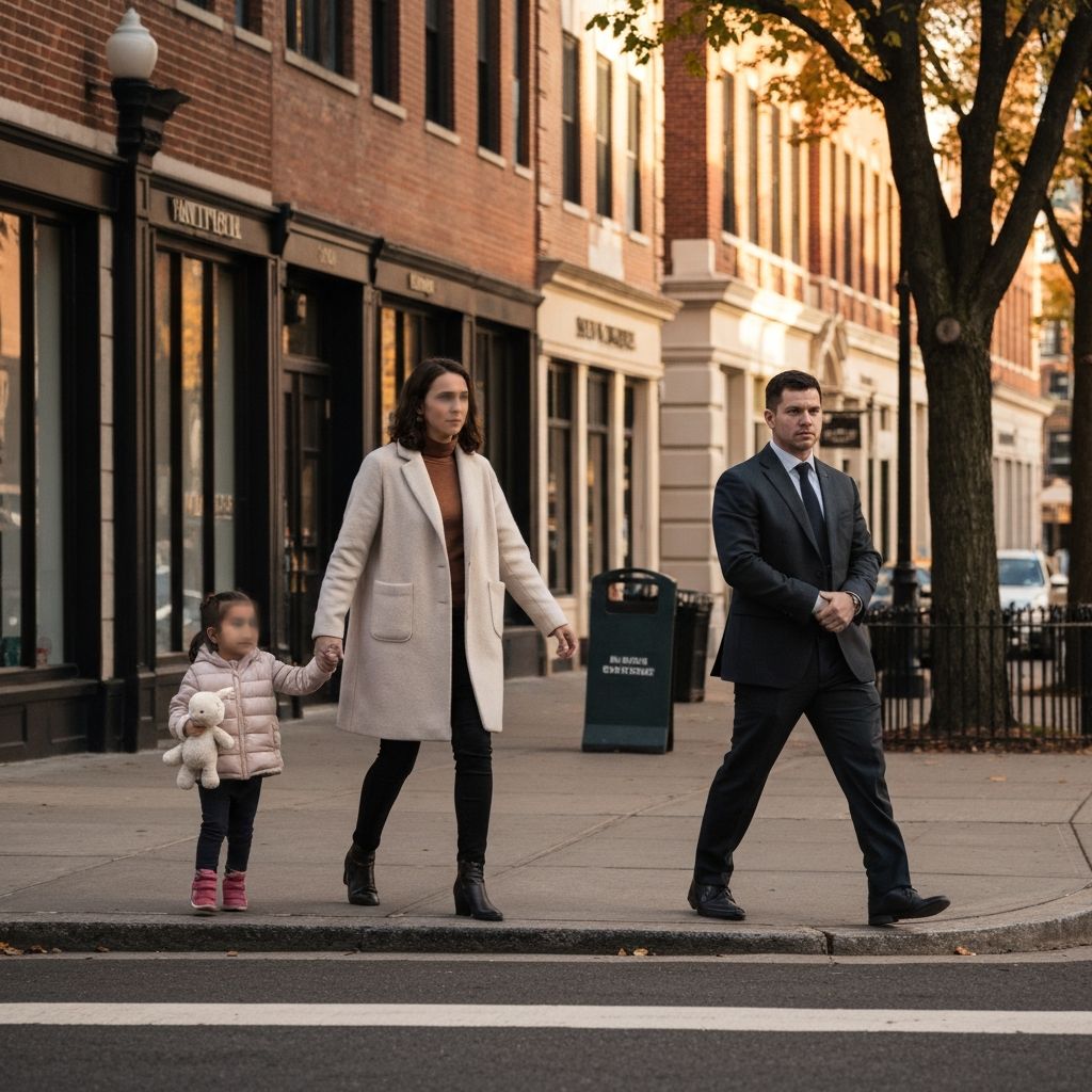 A mother and child walking down a quiet street with a discreet officer ahead